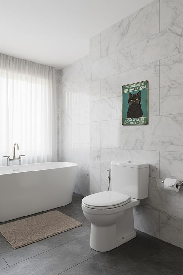 Funny Bathroom Sign Welcome to The Bathroom A Cat Will Be with You Shortly Humorous Restroom Decor Quirky Cat Lover Gift Novelty Aluminum Sign 8x12 Inches Black Cat