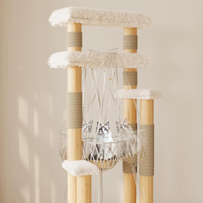 70" Modern Solid Wooden Cat Tree Tower for Large Adult Indoor Cats, Multi-Level Luxury Cat Furniture with Sisal Scratching Post & Hammock, White