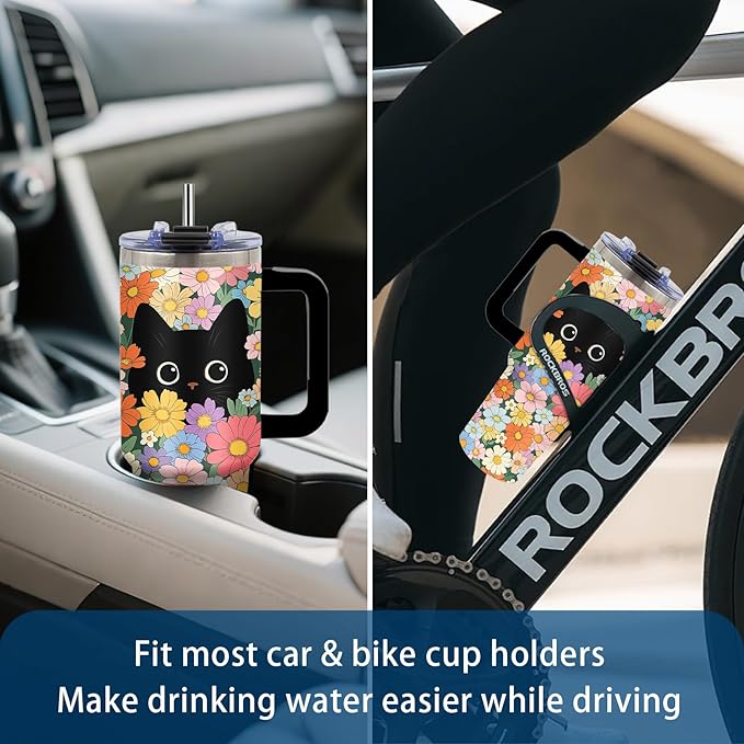 Black Cat & Floral Tumbler 40oz with Handle and Straws, Leak - proof, Stainless Steel Insulated Travel Coffee Mugs Vintage Flora & Cute Cat Print Cup Gifts for Women, Girls, Birthday, Christmas