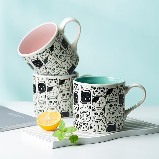 Cat Lovers Mug, Various Cute Kittens Pattern Mug, Cat Coffee Mug Funny Ceramic Tea Cup Novelty Gifts for Office and Home Women Girls Men, Dishwasher Microwave Safe (Pink, 17oz)