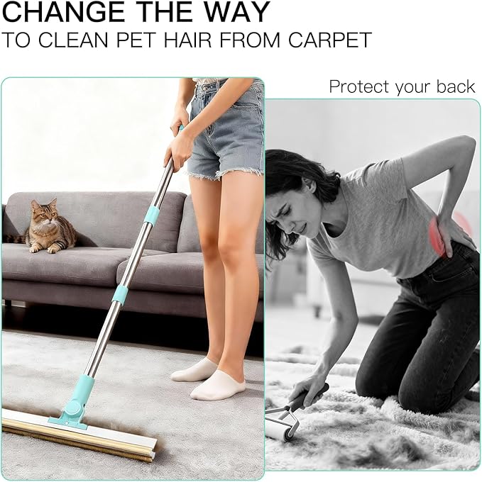 Carpet Rake for Pet Hair Removal - 3 in 1 Reusable Cat Dog Hair Remover Scraper with Adjustable Long Handle, Carpet Clean Gloves & Cat Dog Fur Rakes Scraper Broom for Couch, Rugs, Mats and Cars