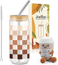 Joeyan Checkered Glass Cups with Lids and Straws - 20oz Iced Coffee Cup with Positive Crochet Mug, Cute Glass Tumbler for Smoothie Boba Tea, Inspirational Coffee Gifts, Birthday Mothers Day Gift