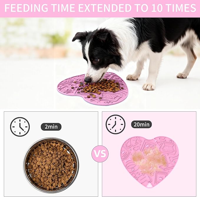 Silicone Slow Feeder Dog & Cat Bowl with Suction Cups – Non-Slip Fun Pattern for Dogs and Cats, Interactive Pet Enrichment Bowl, Treat Eating Feeder, Heart-Shaped Mat Compatible (Cherry Blossom Pink)