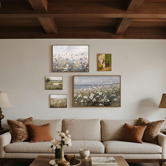 Vintage Floral Wall Art Blue White Flower Canvas Art Prints Wildflower Pictures Wall Decor Nature Landscape Oil Painting Framed Botanical Artwork for Girls Room Bedroom Farmhouse Decoration, 12''x16''