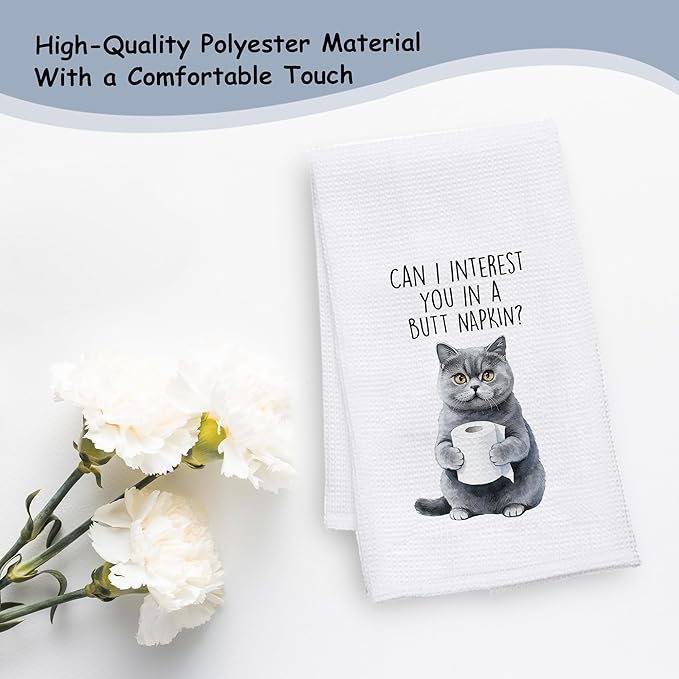 Funny British Shorthair Cat Bathroom Hand Towels, Cat Lovers Mom Dad Lady Gifts, Can I Interest You in a But Napkin British Blue Kitten Decorative Hand Towels for Washroom Restroom, 16x25 Inch