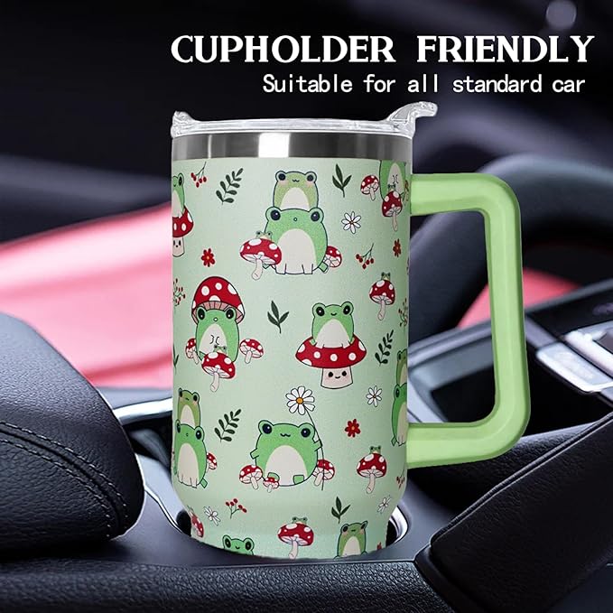 Ceovfoi 40 oz Frog Tumbler With Handle, Lid and Straw - Cute Green Kawaii Mushroom Gifts for Women, Decor, Accessories