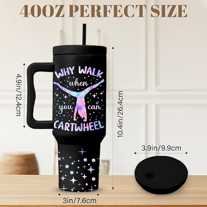 Gymnast Gymnastic Gifts, Stainless Steel Tumbler With Handle 40 Oz, Best Gifts For Gymnast, Birthday Christmas Gift Ideas, Glitter Bling Tumbler, Cartwheel Travel Mug