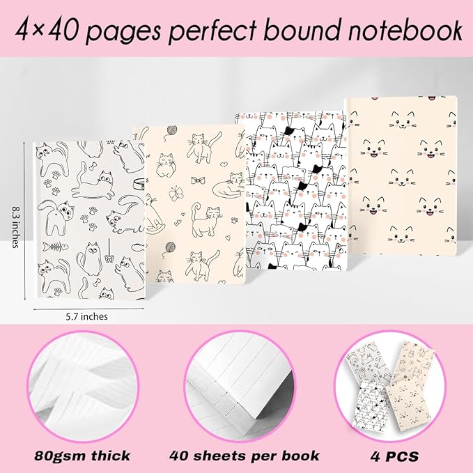 Cat Notebooks for Work, 4 Pcs A5(8.26x5.7inch) College Ruled Notebook Journal for Women, Cute Notepads Lined Journals for Writing, Cute Diary Stationary Cat Lover Gifts 11