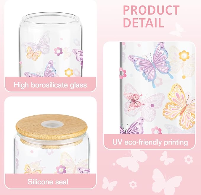 Joeyan Glass Cups with Lids and Straws - 20oz Iced Coffee Cup, Cute Pastel Butterfly Floral Glass Tumbler, Drinking Glasses for Smoothie Boba Tea, Birthday Mothers Day Gift for Women, Mom, Friend