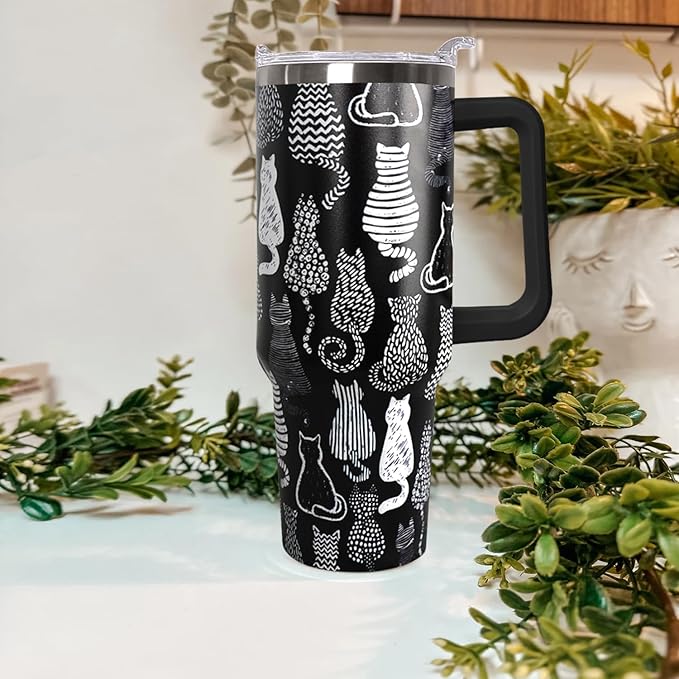 Ceovfoi 40 Oz Black Cat Coffee Travel Mug Cup Water BottleTumbler With Handle,Cat Decor,Black Cat Gifts for Women
