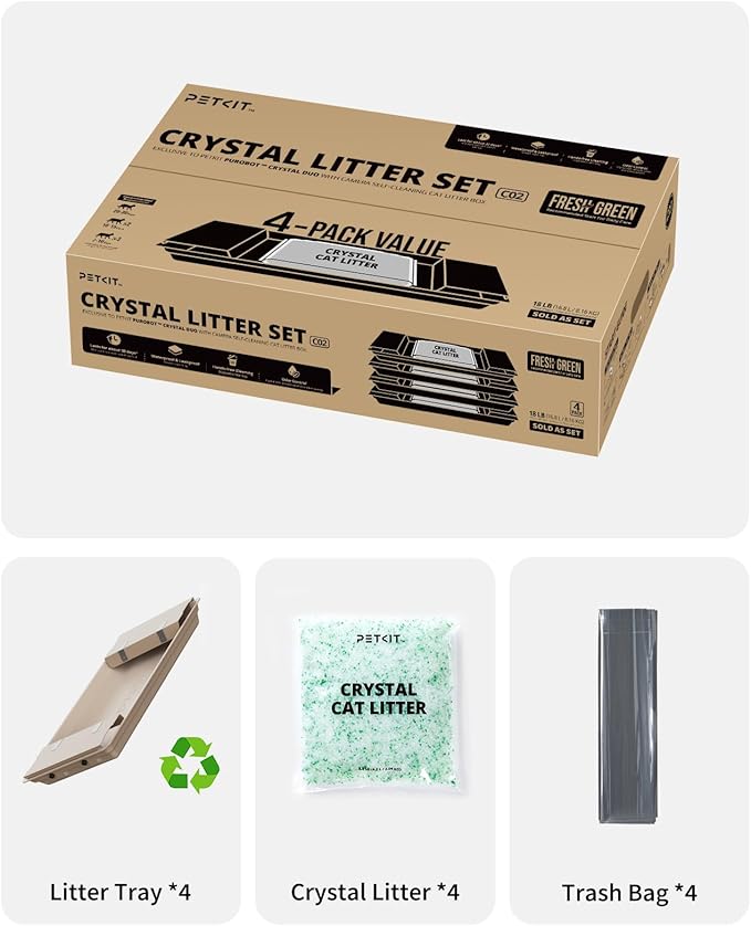 PETKIT Crystal Cat Litter with Tray, Suitable for Purobot Crystal Duo Automatic Litter Box, Dust-Free Mess-Free No Refilling, Odor Control (Green-Botanical Freshness,4.5 lb×4 Packs)