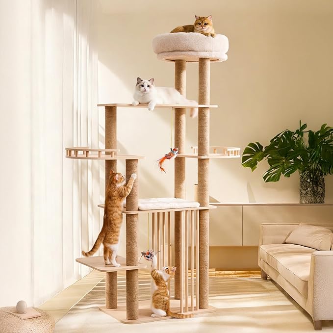 68" Large Cat Tree, Solid Wood Multi-Level Cat Tower with Scratching Posts, Fun Toys, and Washable Plush Platform for Indoor Cats