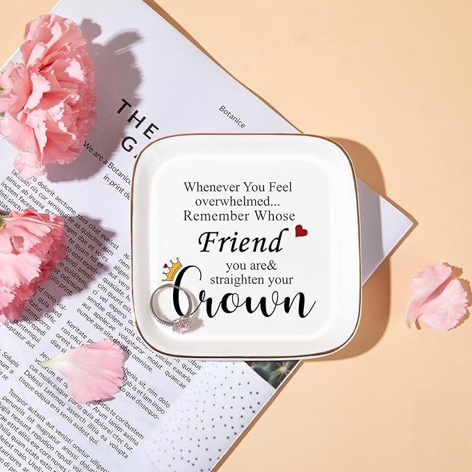 Friendship Gifts for Women Friends - "Straighten Your Crown" Ceramic Jewelry Dish, Best Friend Birthday Gifts for Women, Inspirational Bestie Gift Trinket Tray, Soul Sister Gift for Mothers Day