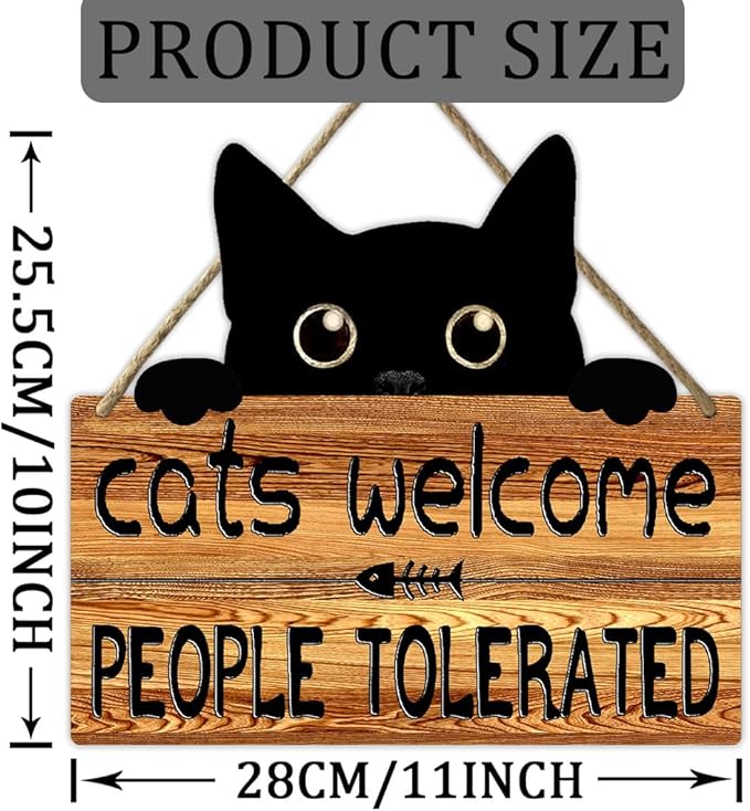 Funny Cat Signs Black Cat Welcome Sign Cat Home Decor Gifts For Cat Lovers Cat Gift For Women Cat Wall Art Halloween Black Cat Wooden Hanging Decor Door Sign Cats Welcome People Tolerated Sign