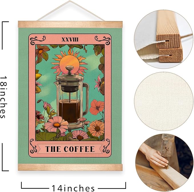 HEYJEEPER The Coffee Wall Art,Vintage Tarot Card Linen Print Posters,Green Floral Boho Kitchen Wall Hanging Decor for Cafe Bar,Dining Room, Barista Station, Gift for Coffee Lovers 14x18inch (Coffee02)