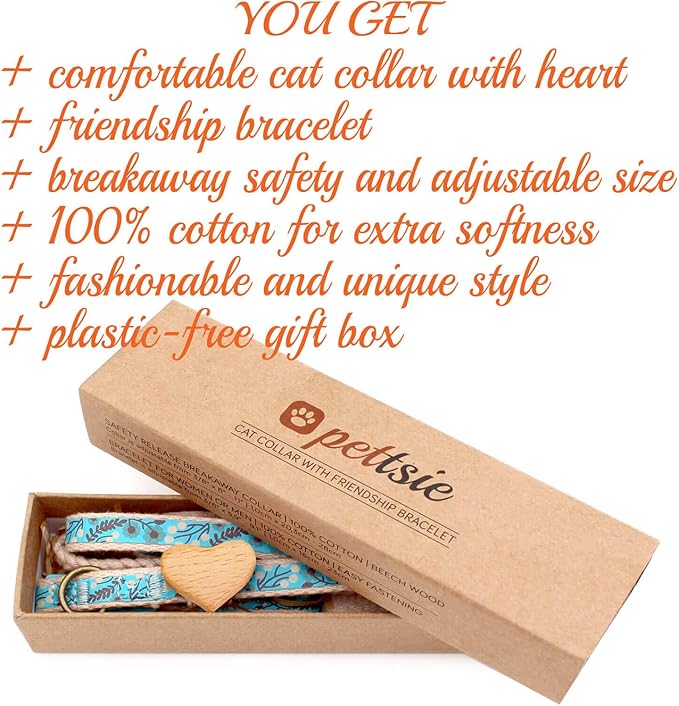 Pettsie Breakaway Cat Collar with Wooden Heart Charm & Matching Owner Bracelet – Soft Cotton, Adjustable Safety Collar for Cats, Lightweight & Stylish, 8"-11", Gift-Ready Set for Cat Lovers, Turquoise