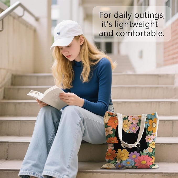 Aesthetic Canvas Tote Bag for Women - with Magnetic Snap Closure & Zipper Inner Pocket Reusable Bag for Shopping