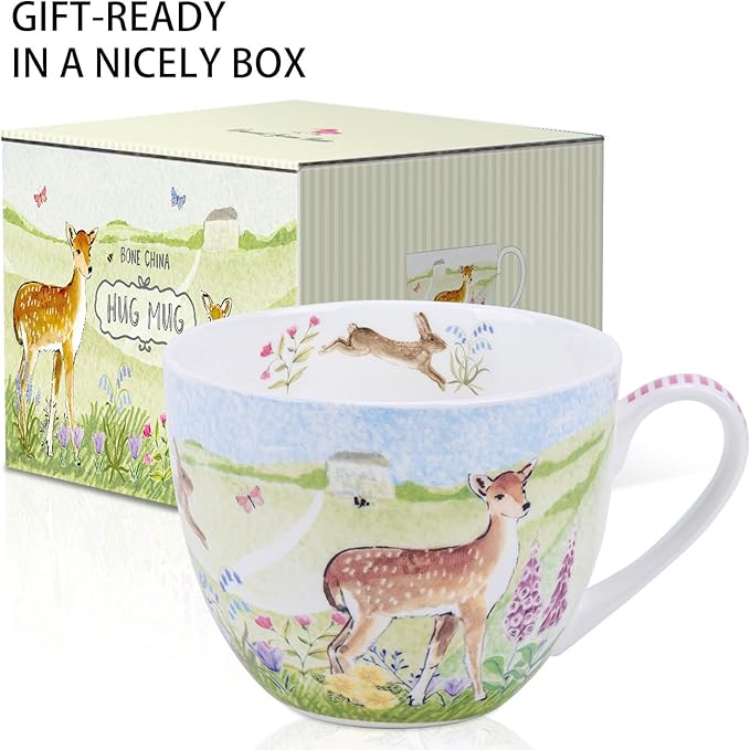 Spring Animals Mug - 20oz Bone China Coffee Tea Hug Mug with Deer, Rabbit, Butterfly & Wildflowers, Thoughtful Gifts for Mom Women Mothers Day, Designed in England by Harvest Green Studio