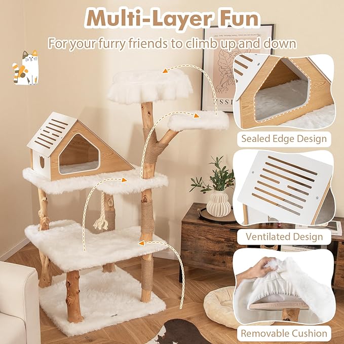 Tangkula Solid Wood Cat Tree, Modern Wooden Cat Tower with Jute Scratching Posts, 2 Perches, Condo, Sisal Rope, Soft Long Plush, 60 Inch Tall Cat Tree Tower for Indoor Cats Large Adult