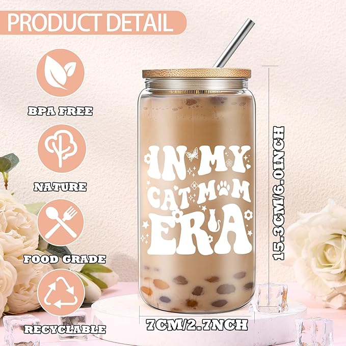 Cat Lover Birthday Gifts for Women, Cats Mom Mothers Day Gift, Cute Cat Themed Christmas Gifts Set with 16oz Glass Cup Necklace for Crazy Cats Lady, Mom Sister