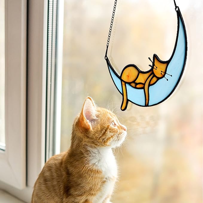 BOXCASA Orange Cat Suncatchers Handcrafted Stained Glass Window Hanging - Moon Phase Memorial Gifts for Cat Lovers,Birthday,Christmas Day, for Women,Mom