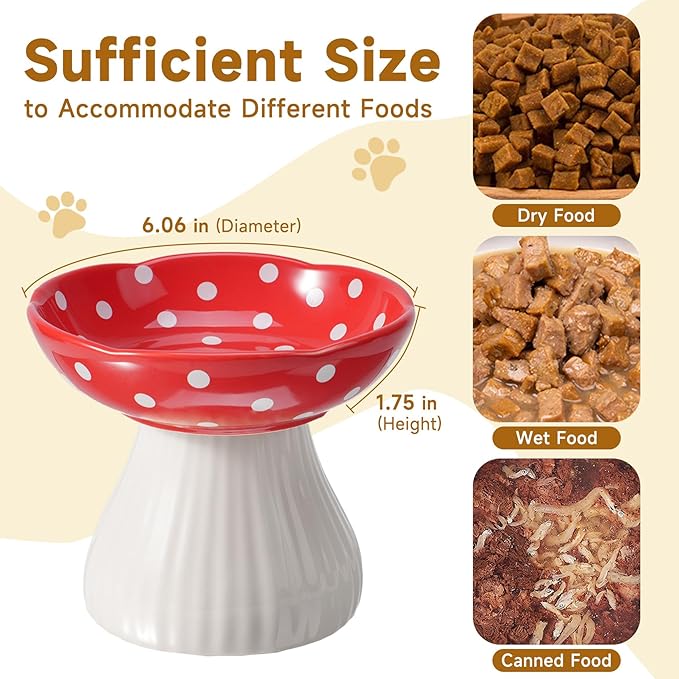 Mushroom Cat Bowl, Elevated Cat Food Bowl, Cute Bowls - Lead & Cadmium Free Ceramic, Red