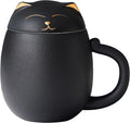 HEER Cat Tea Cup with Infuser and Lid - 13.5oz Ceramic Tea Mug - Cat Lover Gift for Friends Family. (Black)