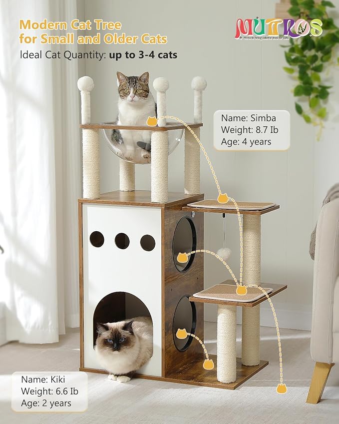 MUTTROS 42.5" Modern Wooden Cat Tree with 2-Story Condo, Scratching Posts, Capsule Nest & Dangling Balls - Sky City Design Indoor Furniture for Cats, Rustic Brown