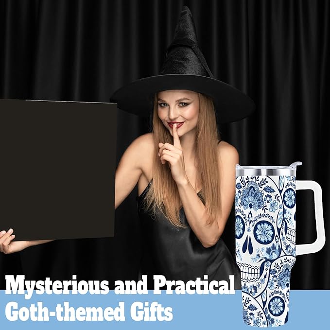 Goth Gifts Goth Tumbler Halloween Tumbler 40 Oz Sugar Skull Gifts Cup For Women Men Spooky Skeleton Travel Mug with Handle Lid and Straw