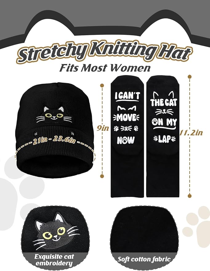 Cat Beanie and Funny Socks for Women - Cute Warm Gifts for Cat Lovers