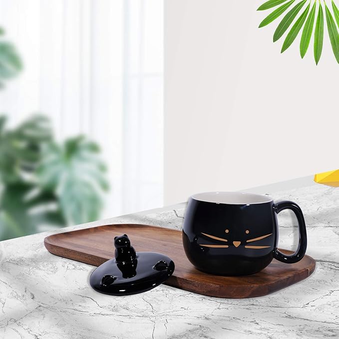 Koolkatkoo Cute Cat Coffee Mug With Cell Phone Holder Lid - Unique Ceramic Tea Porcelain Cup for Cat Lovers - Gold Black Gift for Women