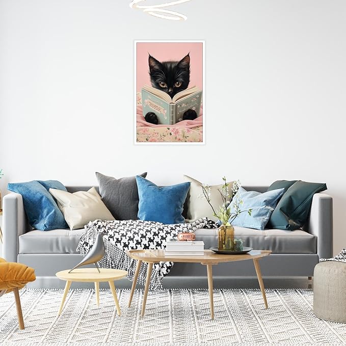 Vintage Cat Canvas Wall Art Funny Cute Cats Reading Books Poster Retro Pink Flower Abstract Animal Aesthetic Prints Painting For Girls Room Bedroom Kids Room Dorm Wall Decor 16x24in Unframed