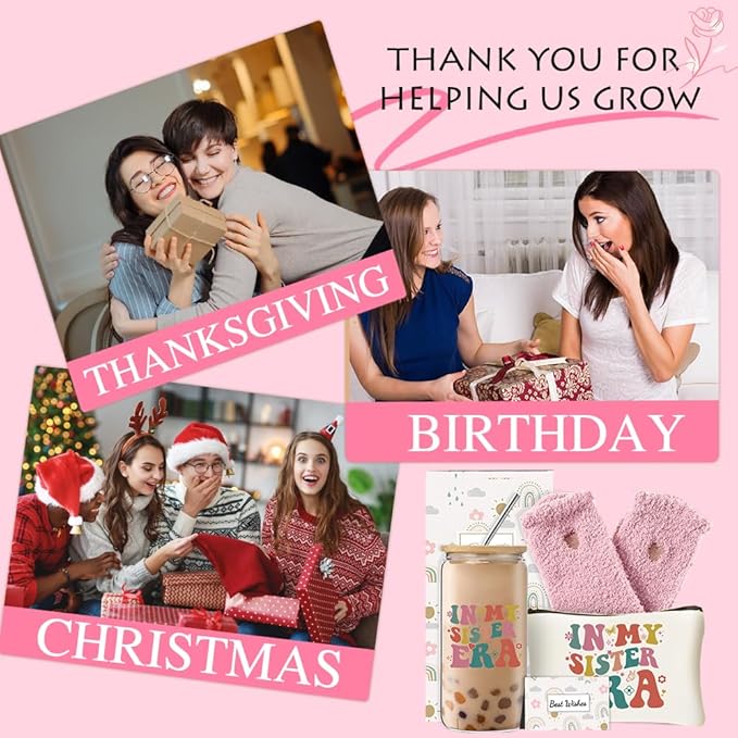 Sister Gifts for Women, Unique Birthday Presents from Sisters, Sisters Gifts Box Set with 16 Oz Glass Cup, Thank You Christmas Gift Ideas for Big Sister