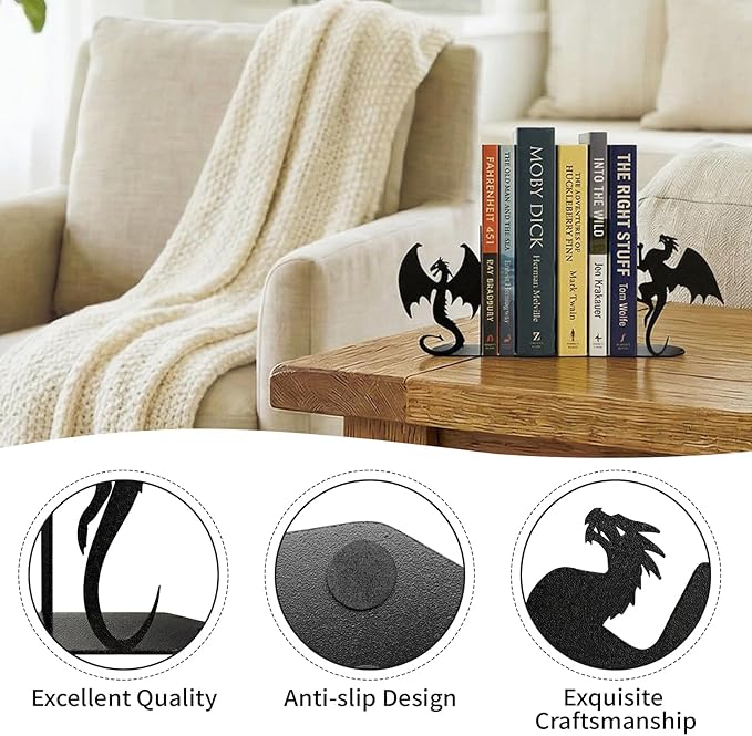 Dragon Bookends Decorative Metal Book Ends for Shelves, Unique Office Desk Bookends Cute Stoppers Reading, Bookshelf Decor for Office School Bedroom Gift for Dragon Lovers and Reading Enthusiasts