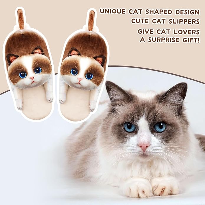 Funny Cat Slippers for Women,Fuzzy Animal Indoor House Shoes with Soft Memory Foam,Comfy Plush Warm Slip-on Slippers,Cat Gifts for Cat Lover