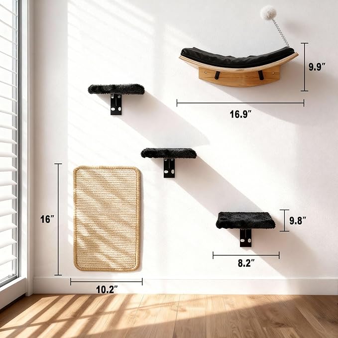 Cat Shelves for Wall，5 in 1 Cat Furniture Set with Soft Curved Pad，Modern Space-Saving Wall Mounted Shelves for Play & Rest