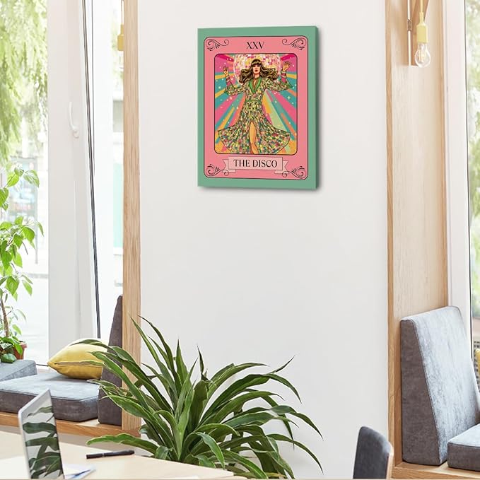 The Disco Tarot Card Wall Art, Dazzling Disco Ball Poster Trendy Canvas Framed Painting Room Decor, Vintage Dancing Queen Prints for Bar Cart Living Room Bedroom Decoration 15x11.4 inch