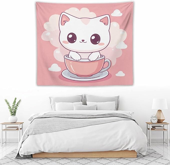 MaSiledy Tapestry As Wall Art Kawaii Cat Tapestry Cute Kitten Cat Meow Wall Hanging Wall Tapestry Aesthetic for Bedroom Colorful Wall Hanging Aesthetic Wall Art For Room Decor 50"x60"