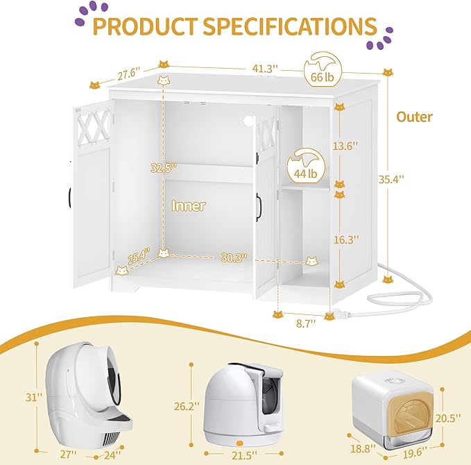 Cat Litter Enclosure, Hidden Self-Cleaning Litter Box Furniture with Charging Station, Pull-Out Base Plate, Adjustable Shelf, Large Indoor Cat House, 41.3 x 27.6 x 35.4 inches, White