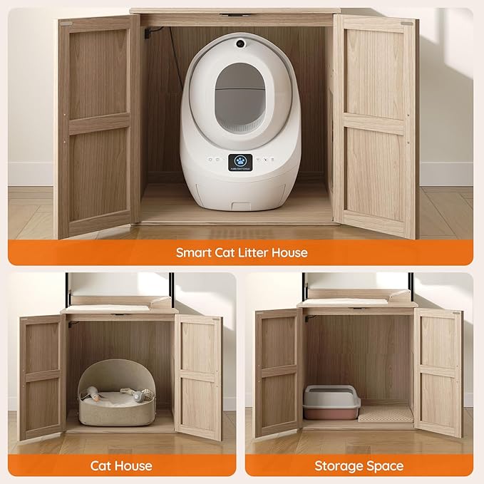 HOOBRO Cat Automatic Litter Box Enclosure Furniture, 30.5" L x 26.8" W x 61" H, Hidden Robotic Litter Box Cabinet, Dog-Proof Shelf with Charging Station, Scratching Mat, Bowls, Natural NL68UMZ03