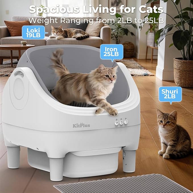 Self Cleaning Litter Box, Automatic Cat Litter Box-APP Control, Open-Design Electric Litter Box, Safety Anti-Pinch, Odor-Free Waste Disposal Includes Trash Bags, Suitable for Multiple Cats, White