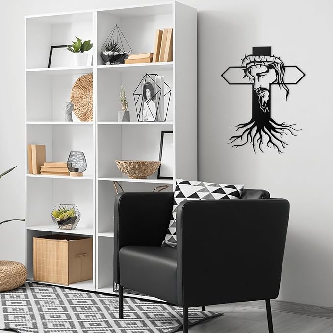 MDFUGEG Metal Cross Jesus Wall Decor-14.5x11.4in Black Religious Wall Art for Christian Catholic | Home Church Living Room Bedroom Decor, Baptism Mother's Day Religious Gifts