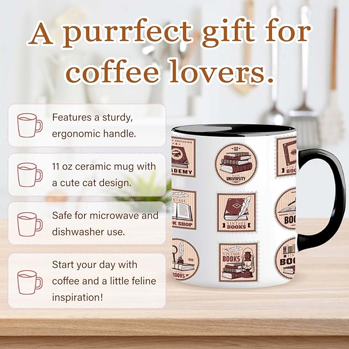 Book Lover Mug 11 oz, Funny Bookish Stamp Gifts, Library Theme, Cute Novelty Coffee Cup for Book Lovers & WritersUnique Gift for Women Readers, Bookworm, Librarian