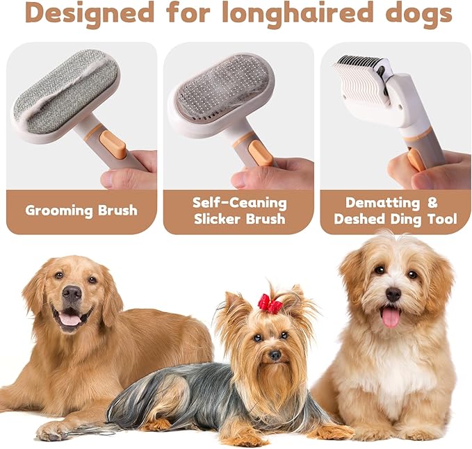 Dog Brush for Shedding, 3-in-1 Cat Hair Brush for Indoor Cats, Self Cleaning Deshedding & Grooming Brush, Furminator for Long & Short Hair Pets