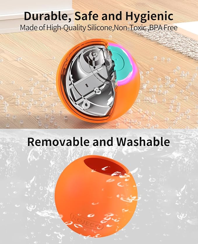 ROJECO Intelligent Interactive Cat Toys Ball with 3 Interactive Modes & LED Lights,Automatic Cat Moving Rolling Ball for Indoor Cats Kitten,Smart Cats Toy for Pet Birthday Gift (Orange)