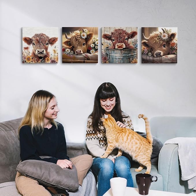 4 PCs Cow Decor Canvas Wall Art Framed Wall Decor, Cow Gifts Art Prints Paintings, Farm Animal Pictures Floral Country Poster Home Decorations for Nursery Bedroom Farmhouse Living Room