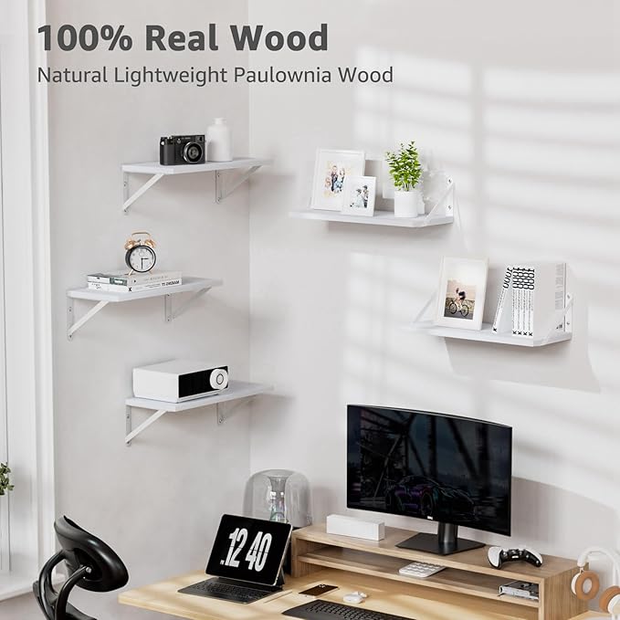 COCOYA Wall Shelves 7.3" Deep Set of 4, Solid Paulownia Wood Wider Longer Sturdy Easy to Install Wall Mounted Bookshelves Storage Shelves Bathroom Home Office Laundry Room Bedroom Organizer White