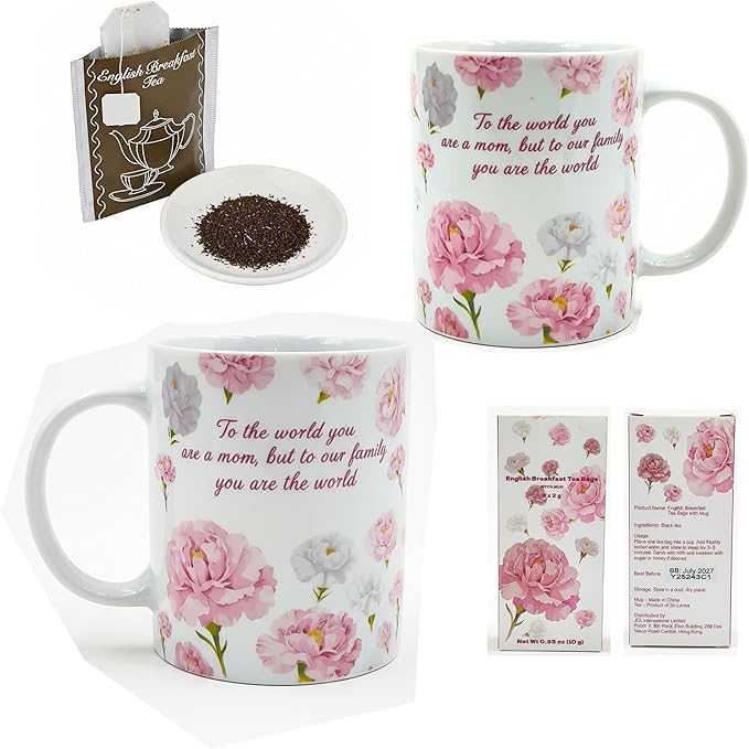 Mother's Day Mug Gift - Floral Ceramic Mug Boxed To The World You Are A Mom Porcelain Tea Coffee Cup and English Breakfast Tea Set for Mom Birthday Gift