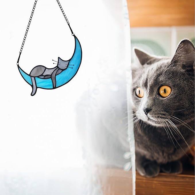 BOXCASA Handcrafted Grey Cat on Moon Stained Glass Suncatcher - Decorative Window Hanging for Cat Lovers, Mothers Day for Women,Mom,Daughter,Wife