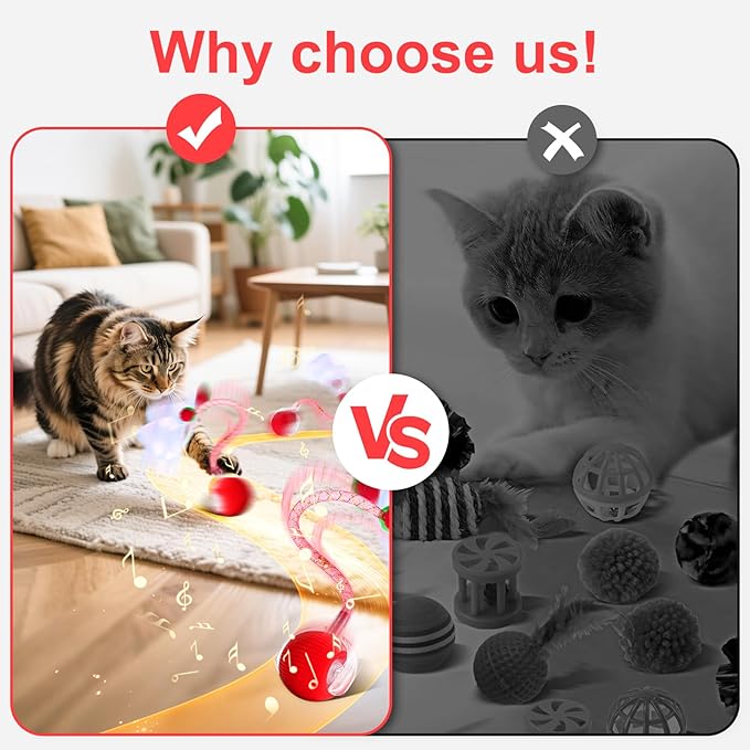 Interactive Cat Toys for Indoor Cats, Speedy 2.0 Cat Toy with Elastic Mesh Tail, Automatic Cat Toy for Bored Indoor Adult Cats, Rechargeable Smart Kitten Moving Ball Toys (Red)